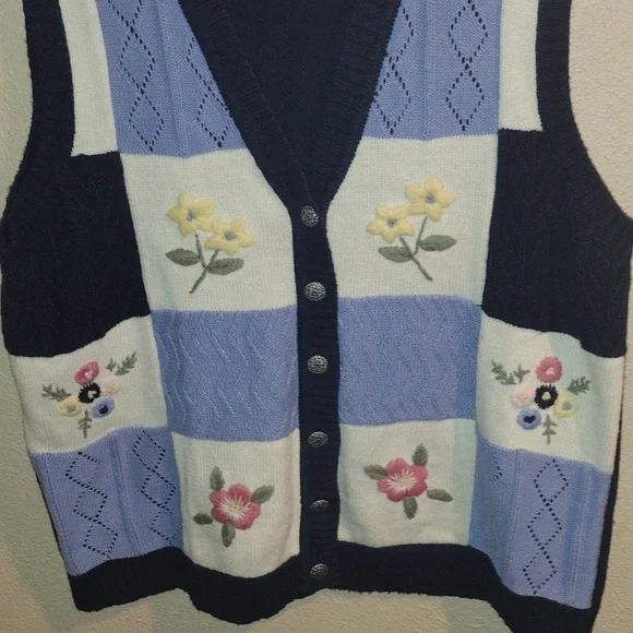 Vintage Northern Reflections Floral Embroidered Patchwork Cotton Blend Vest Knit - Picture 3 of 7